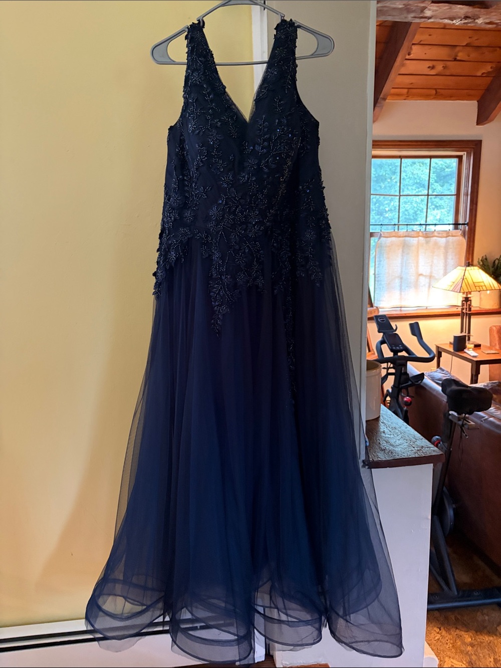 Jade Navy Beaded V-Neck Tulle Maxi Gown